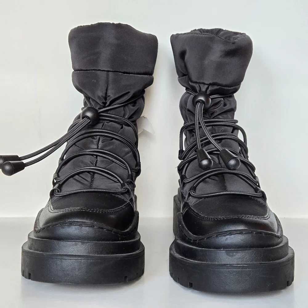 MNG by Mango women black leather canvas waterproof combat boots US 38 - Picture 2 of 7